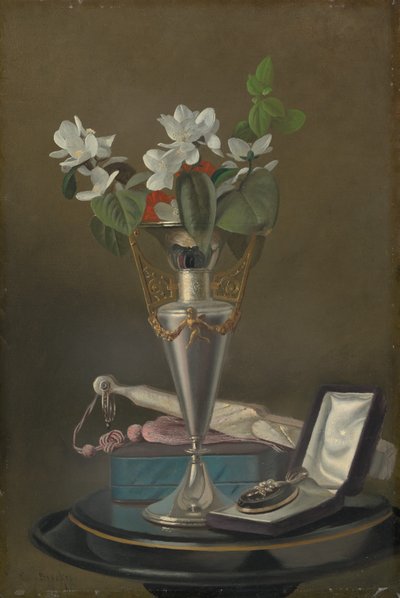 Stilleben med fläkt och hänge, ca. 18651875. av Samuel Marsdon Brookes