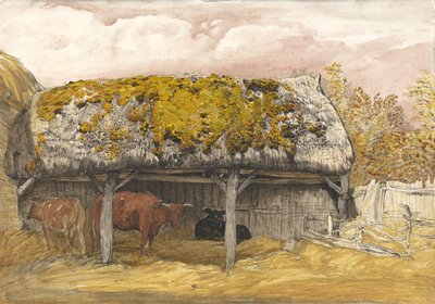 A Cow Lodge with a Mossy Roof, c.1829 (penna och bläck med akvarell och gouache på papper) av Samuel Palmer