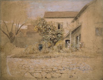 A House and Garden at Tintern, 1835 (penna & bläck, wc & kroppsfärg över grafit & svart krita på rosa gulfärgat papper) av Samuel Palmer