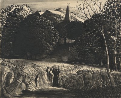 Cornfield and Church by Moonlight (pensel och svart bläck på papper) av Samuel Palmer