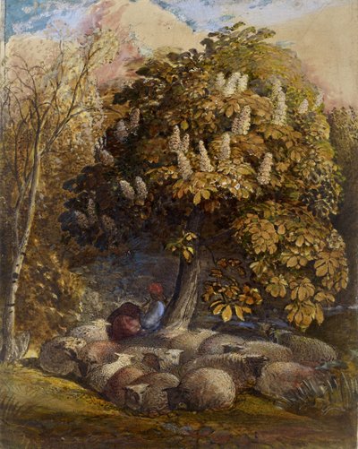 Pastoral med ett hästkastanjeträd, ca 1830-31 (akvarell och kroppsfärg) av Samuel Palmer