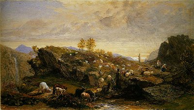 Rustik med får och getter i ett stenigt landskap (akvarell över penna förhöjd med gummi arabicum på papper) av Samuel Palmer