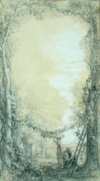 Vintage, design för en illustration för "Pictures from Italy" av Charles Dickens (penna och akvarell på kalkerpapper på kort) av Samuel Palmer