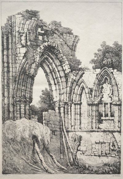 En serie gamla byggnader och lantliga stugor i norra England: At York, Ruins, 1821. av Samuel Prout