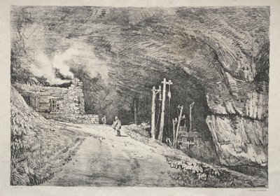 En serie gamla byggnader och lantliga stugor i norra England: Peak Cavern, 1821. av Samuel Prout