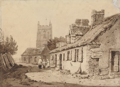 Kyrka och stugor av Samuel Prout