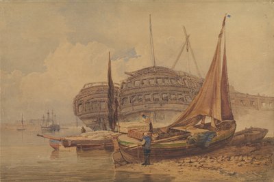 Kustscen med strandsatta båtar i förgrunden, början av mitten av 1800-talet. av Samuel Prout