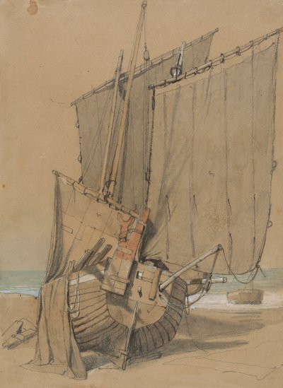 Fiskebåtar på stranden med segeltorkning av Samuel Prout