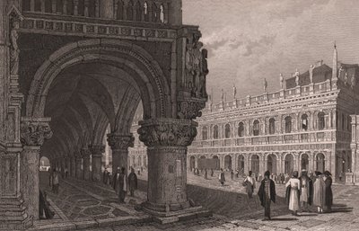 Förkortning av arkad av Dogepalatset (Palazzo Ducale) med utsikt över Markusplatsen och bibliotekspalatset, Venedig, Veneto, Italien, stålstick efter teckning av Samuel Prout (1783-1852), cirka 15x11,5 cm av Samuel Prout