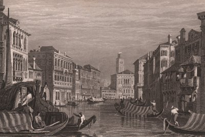 Gondoler på Canal Grande (Canal Grande), Venedig, Veneto, Italien, stålstick efter teckning av Samuel Prout (1783-1852), cirka 15x11,5 cm av Samuel Prout