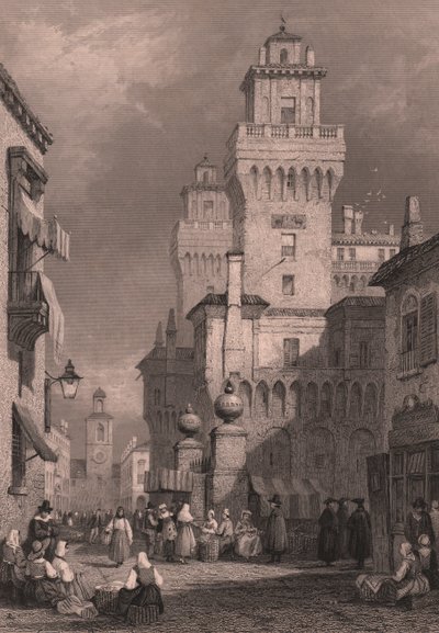 Vy över Castello Estense, Ferrara, Emilia-Romagna, Italien, stålgravyr av John Godfrey (ca 1817-1889) efter ritning av Samuel Prout (1783-1852), ca 26x17 cm, utgiven av Blackie and Son av Samuel Prout