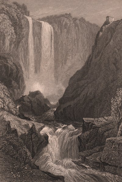 Vy över Marmores fall (Cascata delle Marmore) nära Terni, Umbrien, Italien, stålstick efter teckning av Samuel Prout (1783-1852), cirka 15x11,5 cm av Samuel Prout