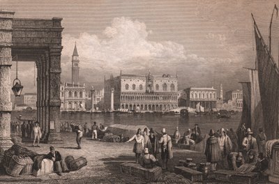 Vy över Markusbassängen i Venedig, Veneto, Italien, stålstick efter teckning av Samuel Prout (1783-1852), cirka 15x11,5 cm av Samuel Prout