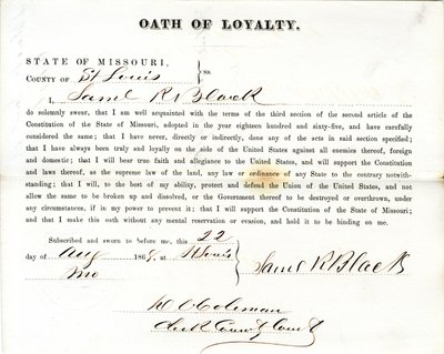 Loyalty oath of Samuel R. Black of Missouri, County of St. Louis av Samuel R. Black