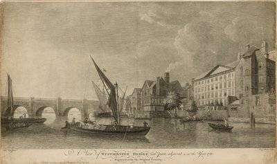 En vy över Westminster Bridge med delar intill som år 1760 av Samuel Scott