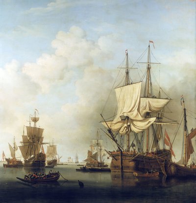 Danskt trätransportfartyg, i Themsens mynning, till Gravesend (England). Olja på duk av Samuel Scott