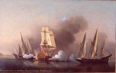Förlovningen mellan Blast Sloop och två spanska kapare av Samuel Scott