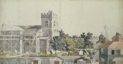 Twickenham Church under Scaffolding, 1700-talet (wc, penna och bläck på papper) av Samuel Scott