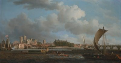 Westminster from Lambeth, with the Ceremonial Barge of the Ironmongers Company av Samuel Scott