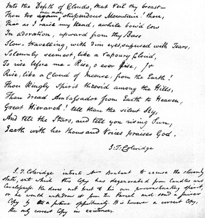 Sista raderna av Coleridges dikt Hymn before Sunrise in the Vale of Chamouni, skriven med poeternas egen handstil och skickad i ett brev till Mrs Brabant of Devizes, 1815 av Samuel Taylor Coleridge
