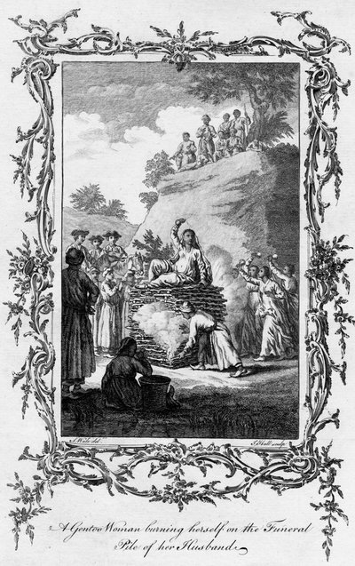 En Gentoo-kvinna som bränner sig på sin mans begravningshög, 1700-talet. av Samuel Wale