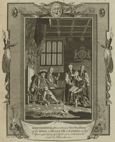 Lord Cromwell presenterar en ny översättning av Bibeln för kung Henry VIII i London år 1538 av Samuel Wale