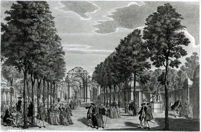 Triumfbågarna, Händels staty i Vauxhall Gardens södra promenadstråk, graverad av John S. Muller (handkolorerad etsning och gravyr) av Samuel Wale