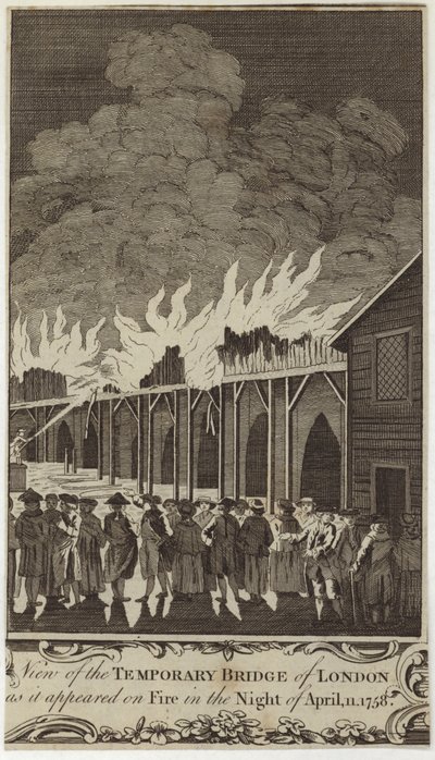Utsikt över den tillfälliga bron i London när den såg ut i brand natten till den 11 april 1758 av Samuel Wale