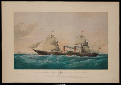 Royal Mail-ångfartyget Persia... Kapten C H E Jodkins (Inward Bound, utanför Skerries) Till det brittiska och nordamerikanska Royal Mail Steam Packet Company tillägnas detta tryck med största respekt (litografi, färglagd) av Samuel Walters