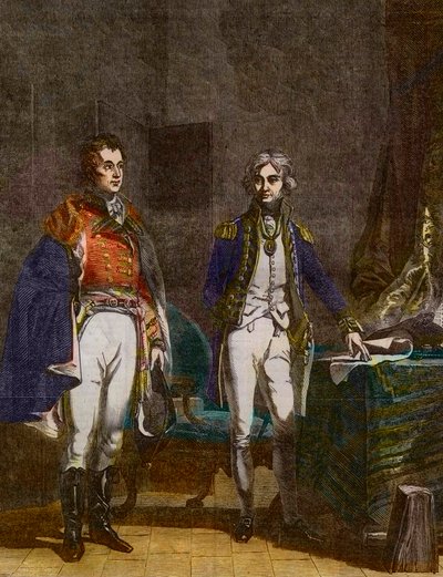 Ett möte mellan generalmajor Sir Arthur Wellesley (hertig av Wellington) och viceamiral Horatio Nelson, september 1805, graverad av Samuel William Reynolds (1794-1872) efter John Prescott Knight (1803-1881) av Samuel William I Reynolds