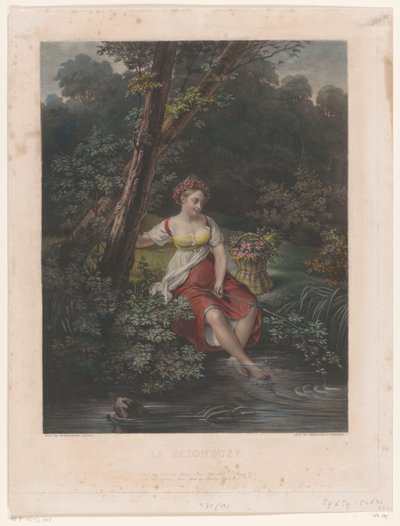 Ung kvinna med krans av blommor och fötter i vattnet La Baigneuse (titel på objekt) av Samuel William Reynolds (I)