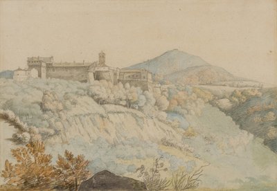 Klostret Grotta Ferrata, antika Tusculum, Italien, ca 1805 (penna & wc på papper) av Samuel Woodforde