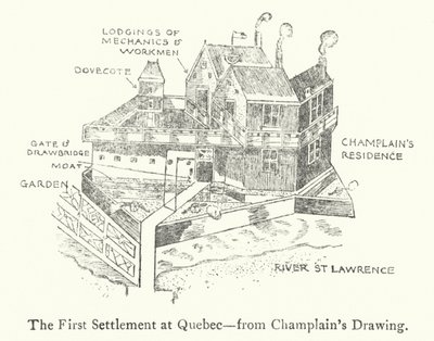 Den första franska bosättningen i Quebec, tidigt 1600-tal (litho) av Samuel de Champlain