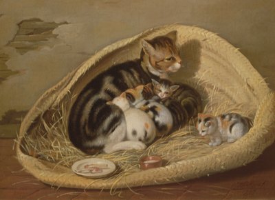 Katt med sina kattungar i en korg, 1797 av Samuel de Wilde