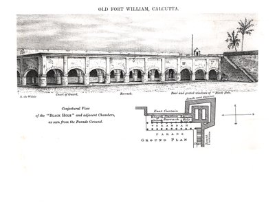 Gamla Fort William, Calcutta, med en förmodad vy av "svarta hålet" och angränsande kamrar sett från paradplatsen av Samuel de Wilde