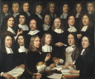 Gruppporträtt av myntmästarna i Dordrecht (Portrait de groupe des maitres et des officers de la monnaie de Dordrecht) - Peinture de Samuel Dirksz van Hoogstraten (1627-1678) - 1674 - Olja på duk - 139,5x166 - Dordrechts Museum av Samuel van Hoogstraten