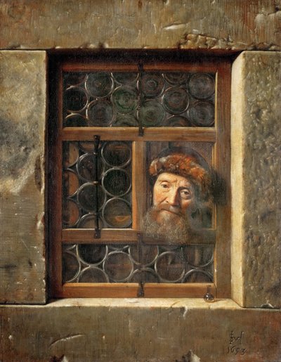 Gammal man i fönstret - Samuel Dirksz van Hoogstraten (1627-1678). olja på duk av Samuel van Hoogstraten