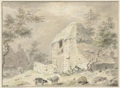 Gårdsladugård med några grisar av Samuel van Huls (possibly)