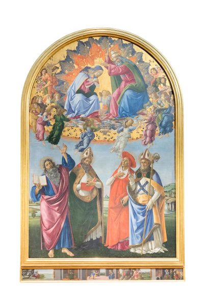 Jungfruns kröning med änglar och den helige Johannes evangelisten, den helige Augustinus av Sandro Botticelli