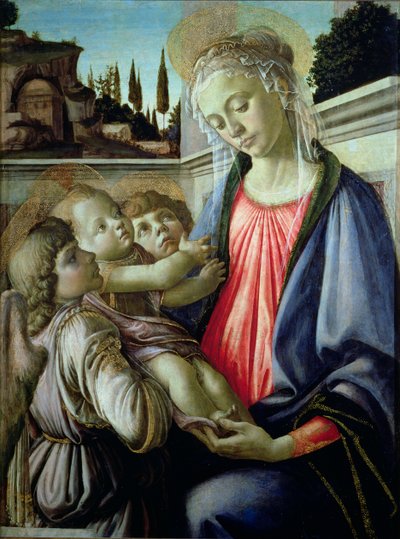 Madonna och barn med änglar (tempera på panel) av Sandro Botticelli