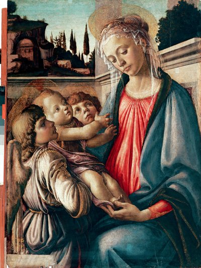 Madonna har barn med två änglar Detrempe på trä av Sandro Filipepi dit Botticelli (1445-1510) 1468-1469 Dim. 100x71 cm Neapel, Galleria Nazionali di Capodimonte - Madonna och barn med två änglar, av Sandro Filipepi a.k.a Botticelli (1445-1510). Humör av Sandro Botticelli