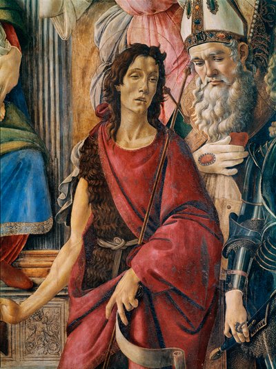 Pala di San Barnaba (altartavla av St. Barnaba): Vår Fru har ett barn med den heliga Katarina av Alexandria, den helige Augustinus, den helige Barnaba och den helige döparen Johannes, den helige Ignatius av Antiokia och ärkeängeln den helige Michael. Detal av Sandro Botticelli