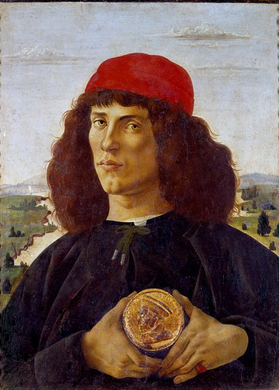 Porträtt av en okänd man som håller medaljen av Cosimo de Medicis (Cosimo de Medici). Målning av Alessandro di Mariano de Philippi av Sandro Botticelli (1445-1510). Tempera på duk, 57,5 ​​x 44 cm av Sandro Botticelli