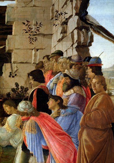 The Adoration of the Magi, detalj av självporträttet till höger (tempera på trä av Sandro Botticelli