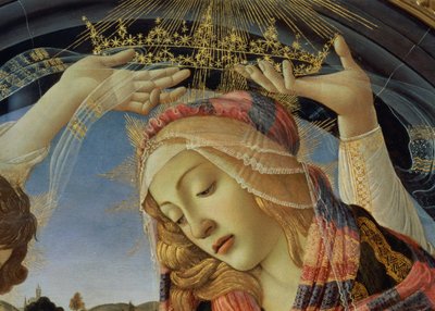 Madonnan från Magnificat, detalj av Jungfruns ansikte och krona av Sandro Botticelli