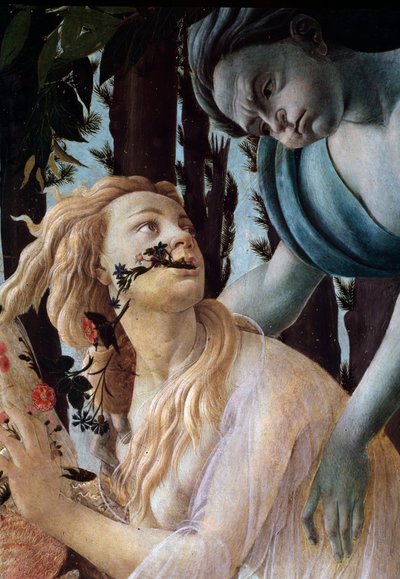 Våren. Detalj: Zephyr som griper Chloris bär en genomskinlig slöja (Målning av Sandro Botticelli