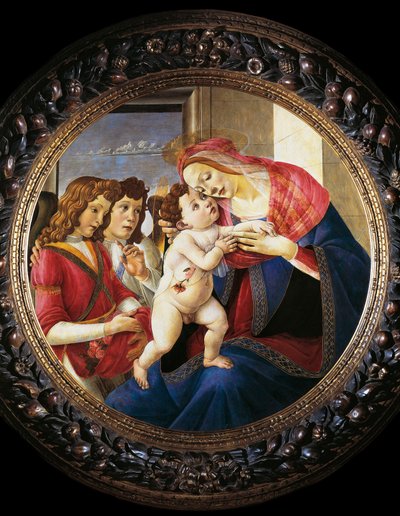 Jungfru och barn och två änglar (tempera på trä, ca 1490) av Sandro Botticelli