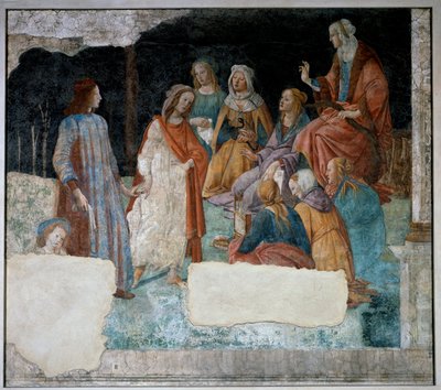 Ung man ledde till sammankomsten av de sju liberala konsterna. Fresk av Villa Lemmi. Målning av Sandro Botticelli (1444-1510) av Sandro Botticelli