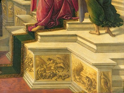 Calumny of Apelles: detalj som visar en del av podia dekorerad med simulerade skulpturala friser som representerar klassiska ämnen, 1497-98 paneldetalj av 31582 av Sandro Botticelli
