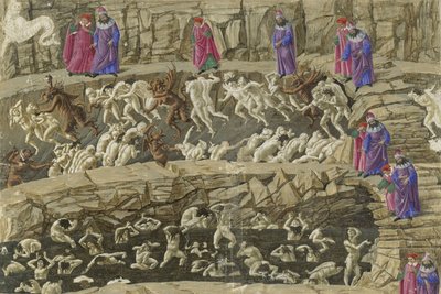 Canto XVIII, del av helvetets 8:e cirkel, illustration från Dantes "Inferno", c.1485 av Sandro Botticelli